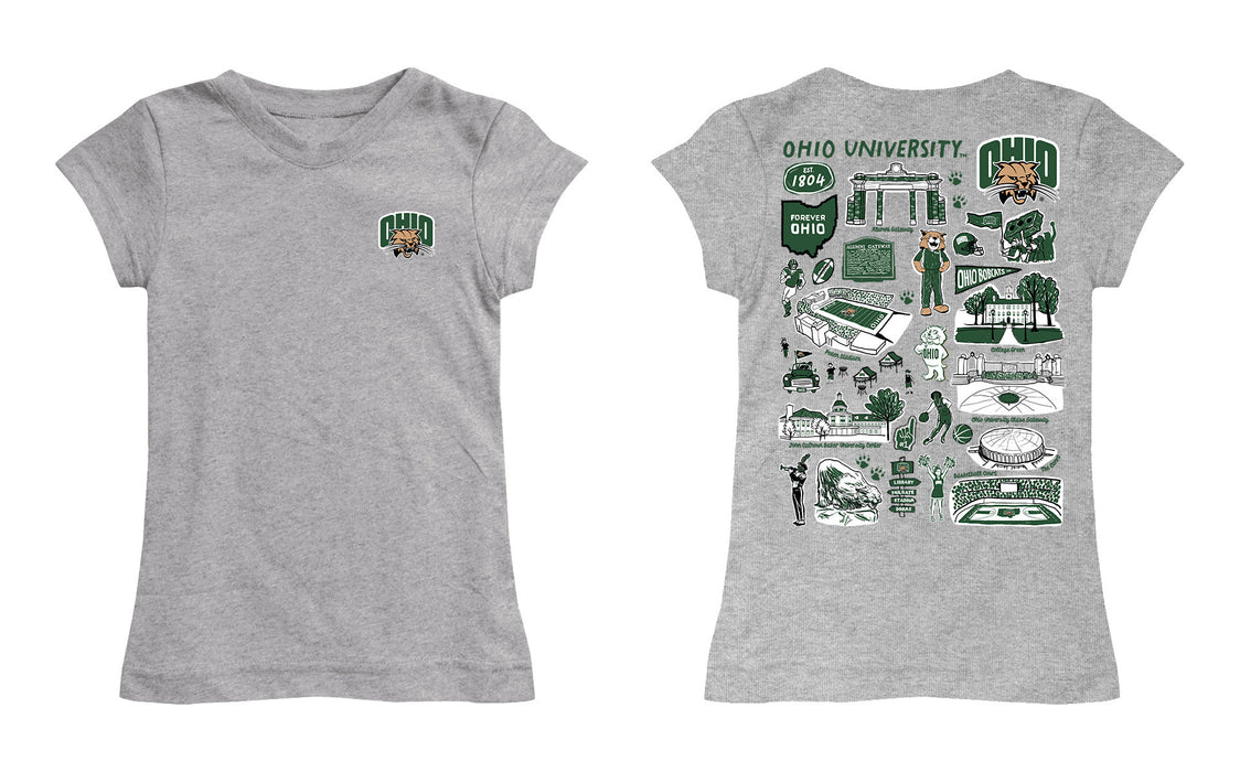 Ohio University Bobcats Hand Sketched Vive La Fete Impressions Artwork Grey Girls Cotton Short Sleeve Tee - Vive La Fête - Online Apparel Store