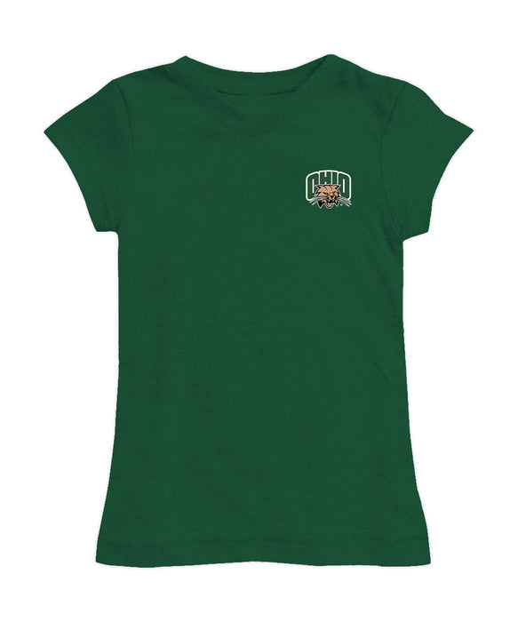 Ohio University Bobcats Hand Sketched Vive La Fete Impressions Artwork Green Girls Cotton Short Sleeve Tee
