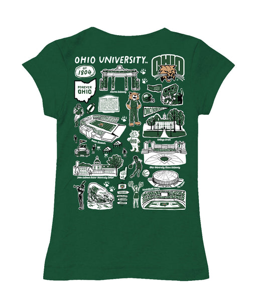Ohio University Bobcats Hand Sketched Vive La Fete Impressions Artwork Green Girls Cotton Short Sleeve Tee - Vive La Fête - Online Apparel Store