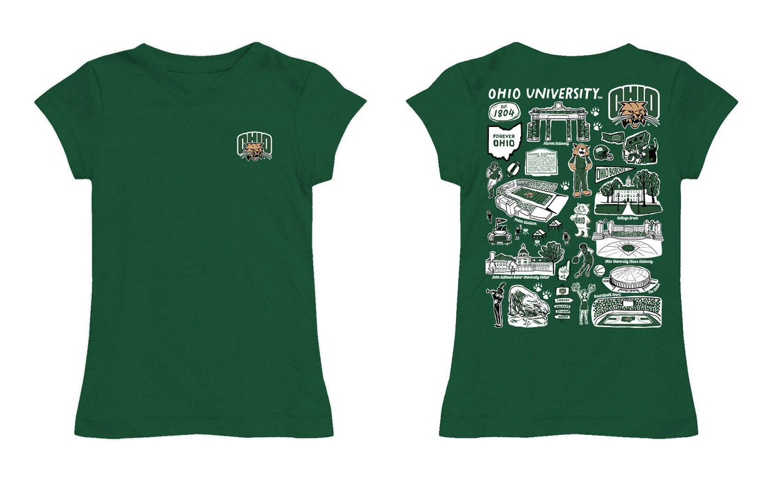 Ohio University Bobcats Hand Sketched Vive La Fete Impressions Artwork Green Girls Cotton Short Sleeve Tee - Vive La Fête - Online Apparel Store