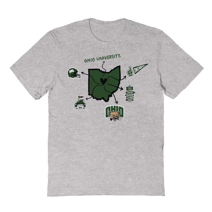 Ohio University Bobcats Hand Sketched Vive La Fete Impressions Icones Kids Grey T-shirt