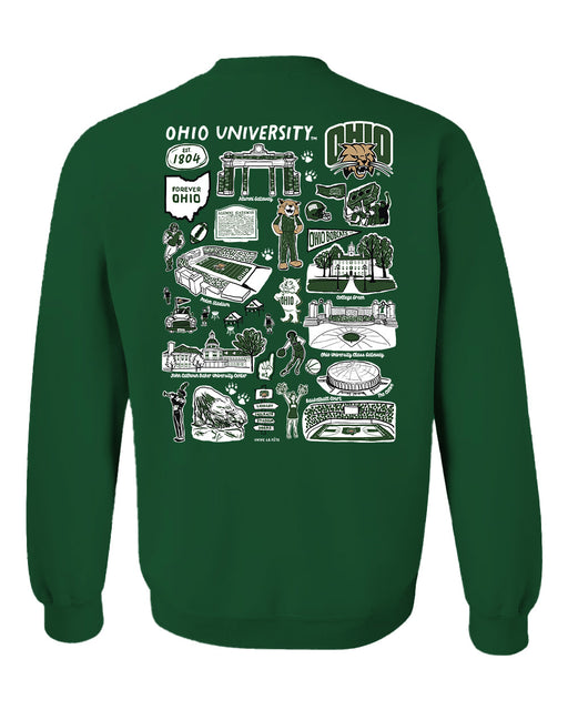 Ohio University Bobcats Hand Sketched Artwork Green Crewneck Sweatshirt for Women - Vive La Fête - Online Apparel Store