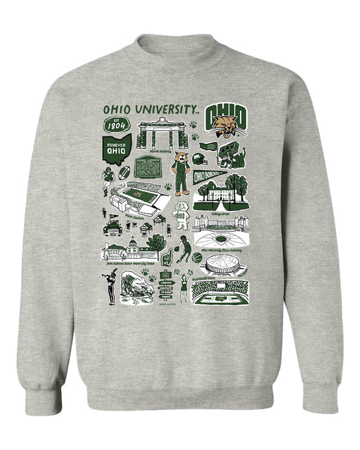 Ohio University Bobcats Hand Sketched Vive La Fete Impressions Grey Cotton Crewneck Sweatshirt for Women