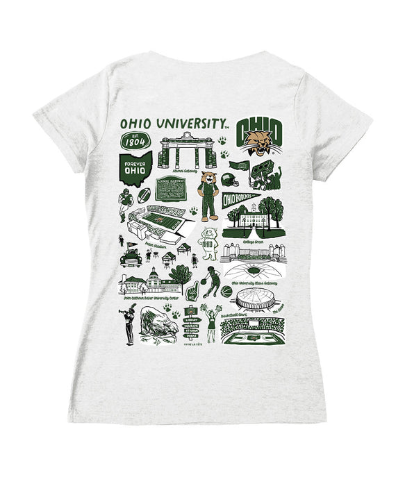Ohio University Bobcats Hand Sketched Vive La Fete Impressions Artwork Green Women Cotton Short Sleeve V-Neck Tshirt