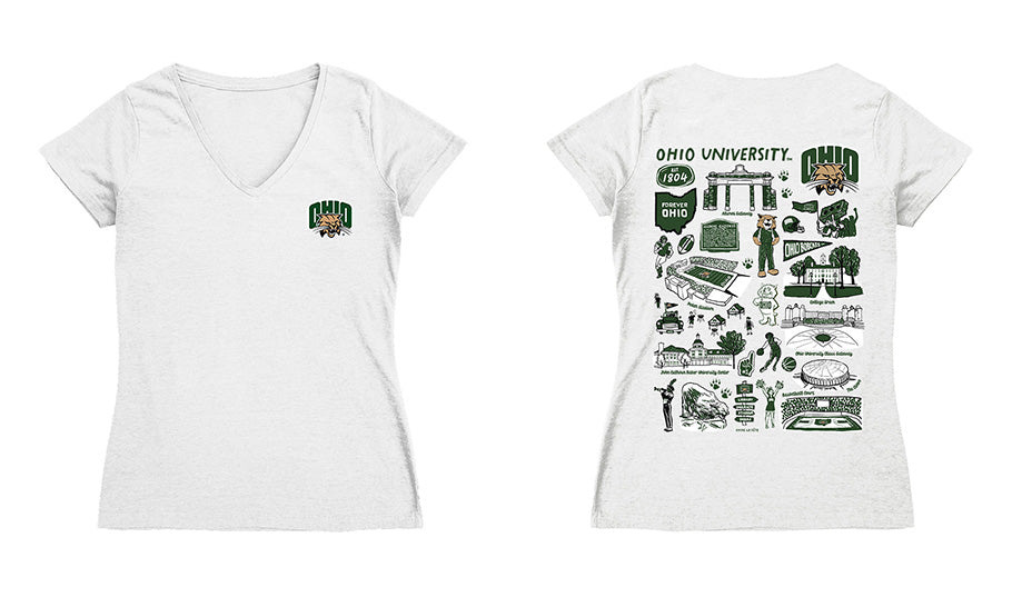 Ohio University Bobcats Hand Sketched Vive La Fete Impressions Artwork Green Women Cotton Short Sleeve V-Neck Tshirt