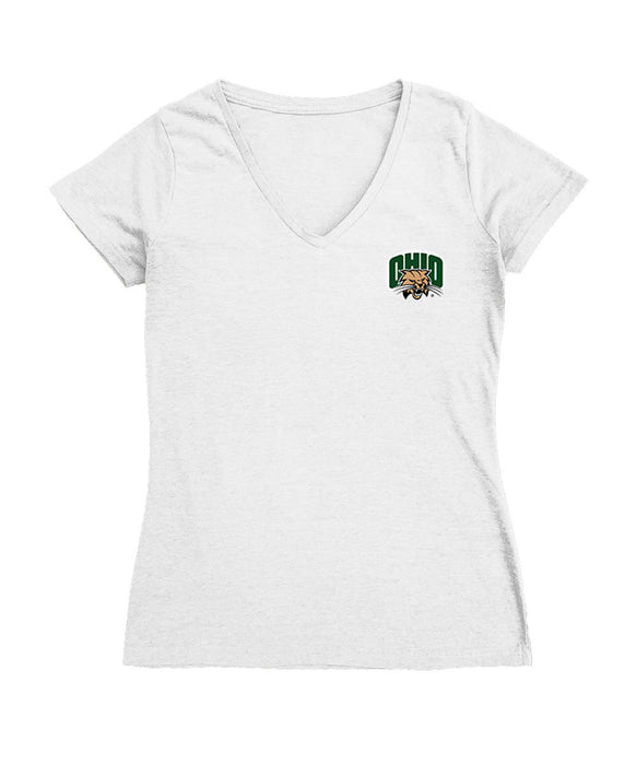 Ohio University Bobcats Hand Sketched Vive La Fete Impressions Artwork White Women Cotton Short Sleeve V-Neck Tshirt