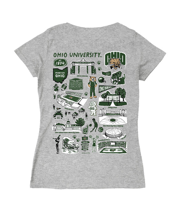 Ohio University Bobcats Hand Sketched Vive La Fete Impressions Artwork Green Women Cotton Short Sleeve V-Neck Tshirt