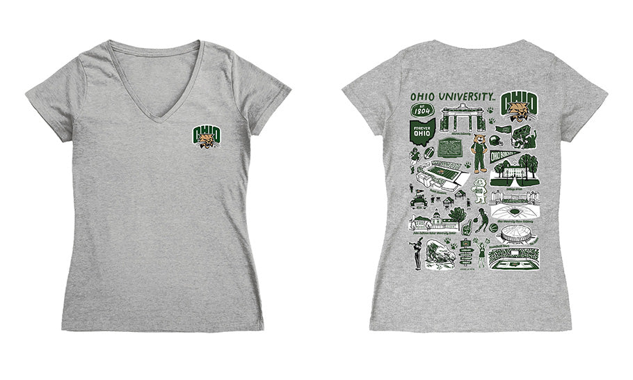 Ohio University Bobcats Hand Sketched Vive La Fete Impressions Artwork Green Women Cotton Short Sleeve V-Neck Tshirt