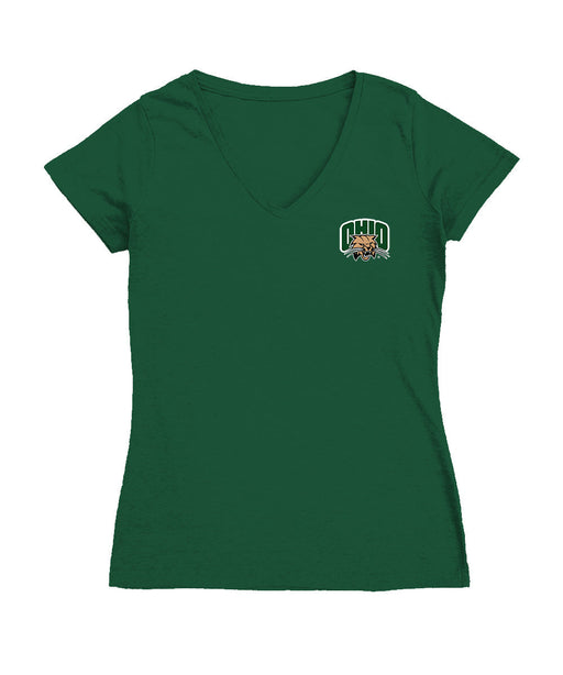 Ohio University Bobcats Hand Sketched Vive La Fete Impressions Artwork Green Women Cotton Short Sleeve V-Neck Tshirt