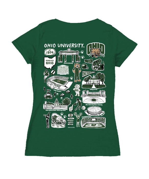 Ohio University Bobcats Hand Sketched Vive La Fete Impressions Artwork Green Women Cotton Short Sleeve V-Neck Tshirt