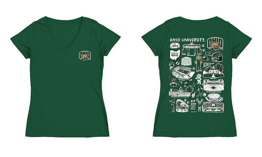 Ohio University Bobcats Hand Sketched Vive La Fete Impressions Artwork Green Women Cotton Short Sleeve V-Neck Tshirt
