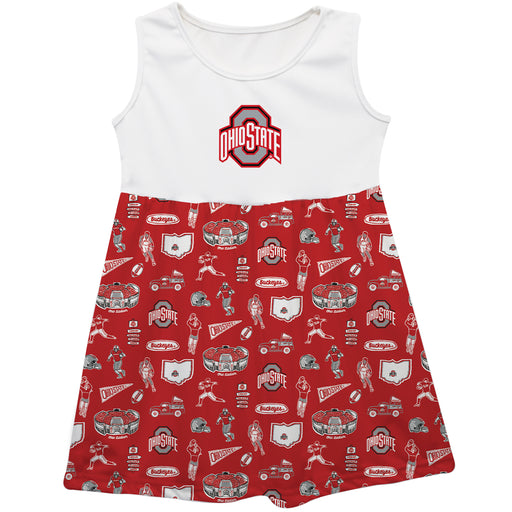 Ohio State Buckeyes Sleeveless Tank Dress Girls Red Repeat Print Hand Sketched Vive La Fete Impressions