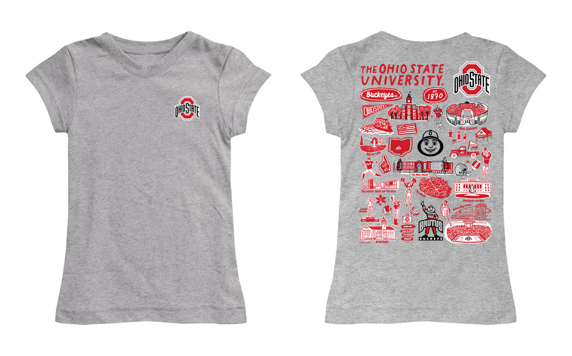 Ohio State Buckeyes Hand Sketched Vive La Fete Impressions Artwork Grey Girls Cotton Short Sleeve Tee - Vive La Fête - Online Apparel Store