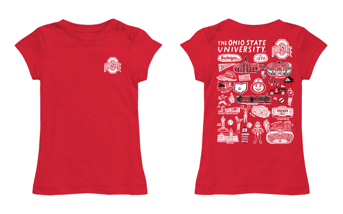 Ohio State Buckeyes Hand Sketched Vive La Fete Impressions Artwork Red Girls Cotton Short Sleeve Tee - Vive La Fête - Online Apparel Store