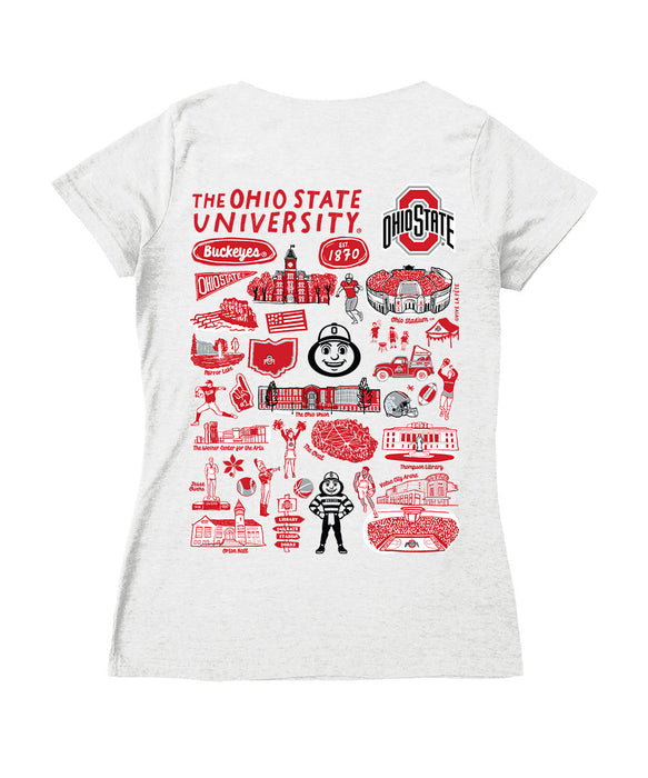 Ohio State Buckeyes Hand Sketched Vive La Fete Impressions Artwork Red Women Cotton Short Sleeve V-Neck Tshirt