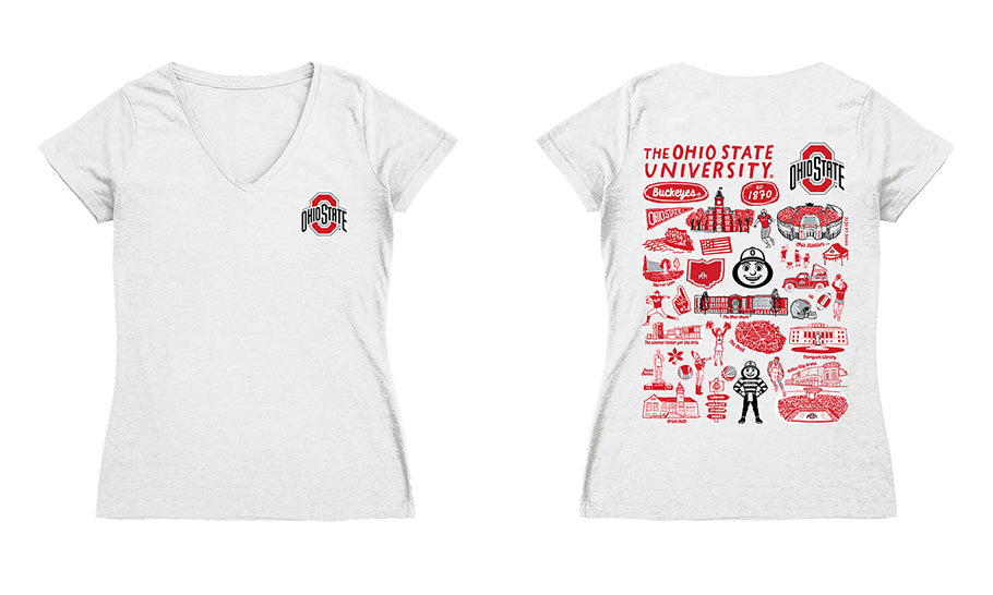 Ohio State Buckeyes Hand Sketched Vive La Fete Impressions Artwork Red Women Cotton Short Sleeve V-Neck Tshirt