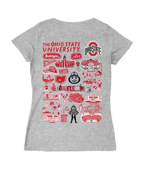 Ohio State Buckeyes Hand Sketched Vive La Fete Impressions Artwork Red Women Cotton Short Sleeve V-Neck Tshirt