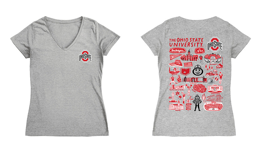 Ohio State Buckeyes Hand Sketched Vive La Fete Impressions Artwork Red Women Cotton Short Sleeve V-Neck Tshirt