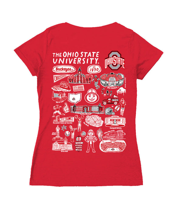 Ohio State Buckeyes Hand Sketched Vive La Fete Impressions Artwork Red Women Cotton Short Sleeve V-Neck Tshirt