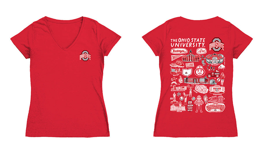 Ohio State Buckeyes Hand Sketched Vive La Fete Impressions Artwork Red Women Cotton Short Sleeve V-Neck Tshirt