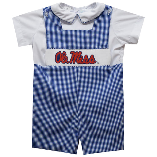 Ole Miss Rebels Smocked Navy Gingham Jon Jon And Short Sleeve White Shirt