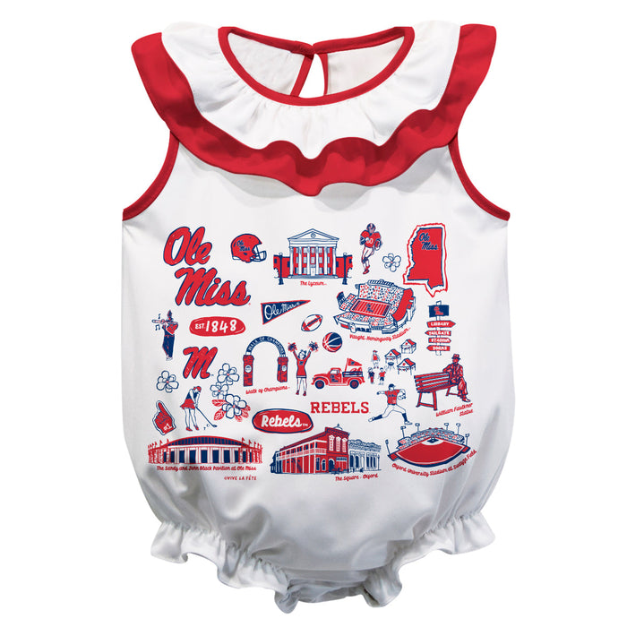 Ole Miss Rebels  White Hand Sketched Vive La Fete Impressions Artwork Sleeveless Ruffle Onesie Bodysuit