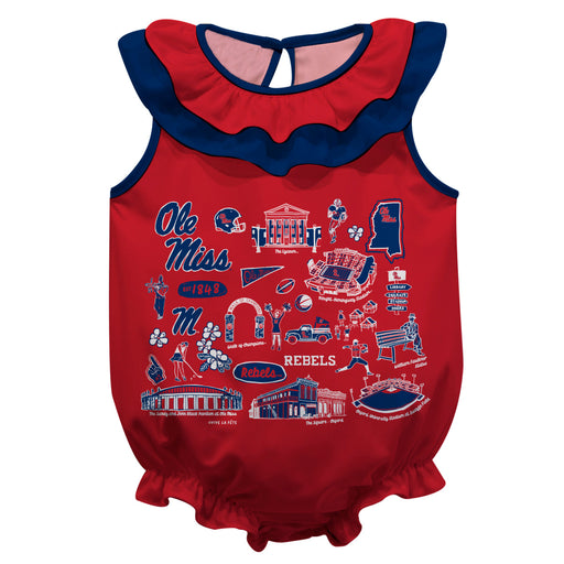 Ole Miss Rebels  Red Hand Sketched Vive La Fete Impressions Artwork Sleeveless Ruffle Onesie Bodysuit