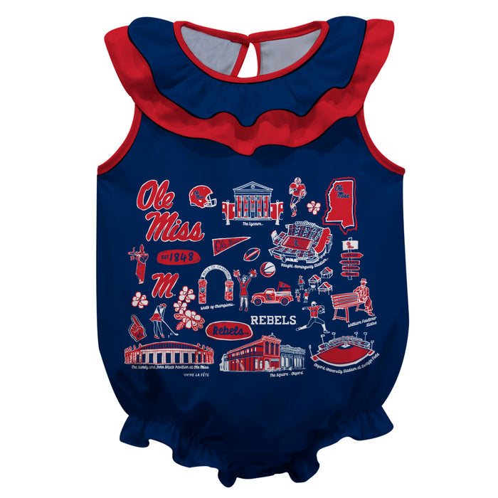 Ole Miss Rebels  Blue Hand Sketched Vive La Fete Impressions Artwork Sleeveless Ruffle Onesie Bodysuit