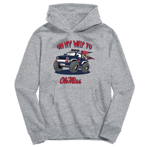 Ole Miss Rebels On My Way Monster Truck Heather Grey Cotton Youth Hoodie
