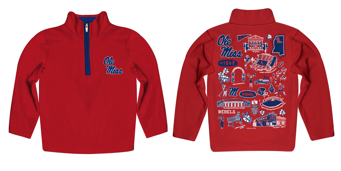 Ole Miss Rebels Hand Sketched Vive La Fete Impressions Artwork Red Boys Quarter Zip Pullover V1 - Vive La Fête - Online Apparel Store