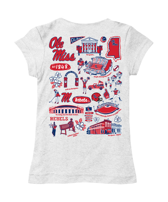 Ole Miss Rebels Hand Sketched Vive La Fete Impressions Artwork White Girls Cotton Short Sleeve Tee - Vive La Fête - Online Apparel Store