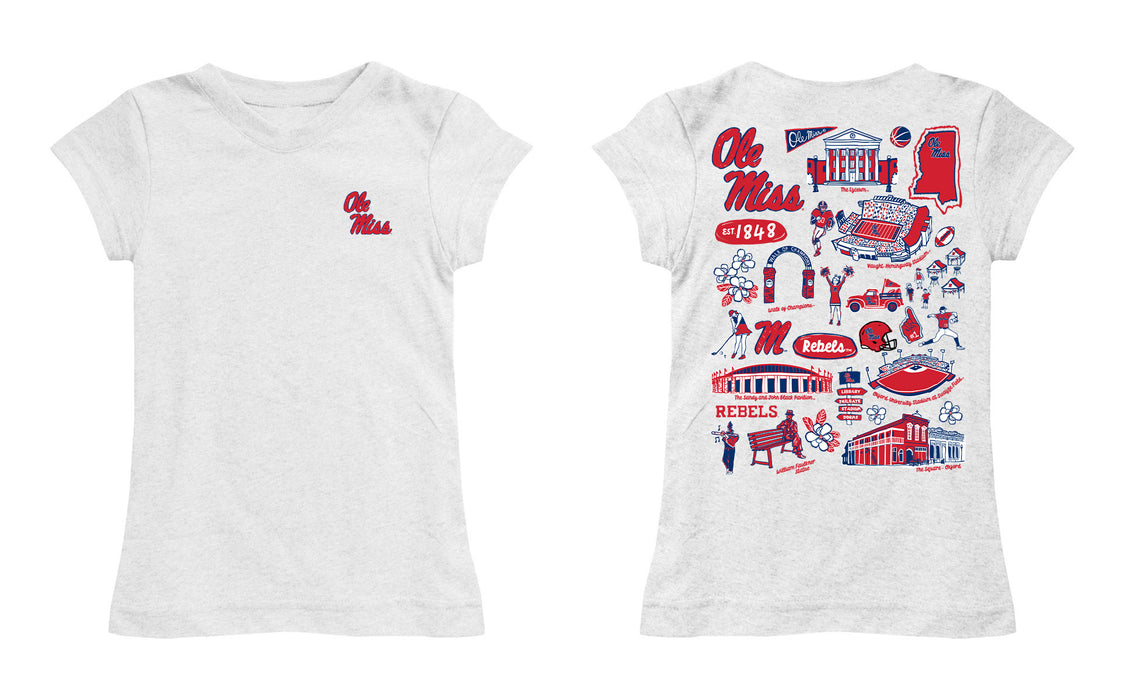 Ole Miss Rebels Hand Sketched Vive La Fete Impressions Artwork White Girls Cotton Short Sleeve Tee - Vive La Fête - Online Apparel Store