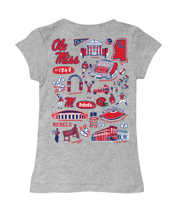 Ole Miss Rebels Hand Sketched Vive La Fete Impressions Artwork Grey Girls Cotton Short Sleeve Tee - Vive La Fête - Online Apparel Store