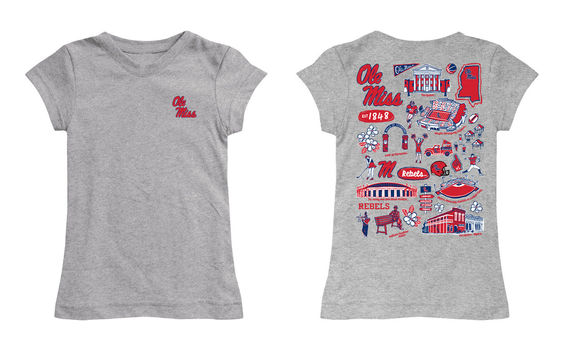 Ole Miss Rebels Hand Sketched Vive La Fete Impressions Artwork Grey Girls Cotton Short Sleeve Tee - Vive La Fête - Online Apparel Store