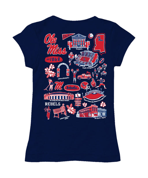 Ole Miss Rebels Hand Sketched Vive La Fete Impressions Artwork Navy Girls Cotton Short Sleeve Tee - Vive La Fête - Online Apparel Store