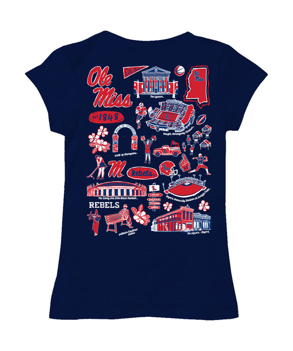 Ole Miss Rebels Hand Sketched Vive La Fete Impressions Artwork Navy Girls Cotton Short Sleeve Tee - Vive La Fête - Online Apparel Store