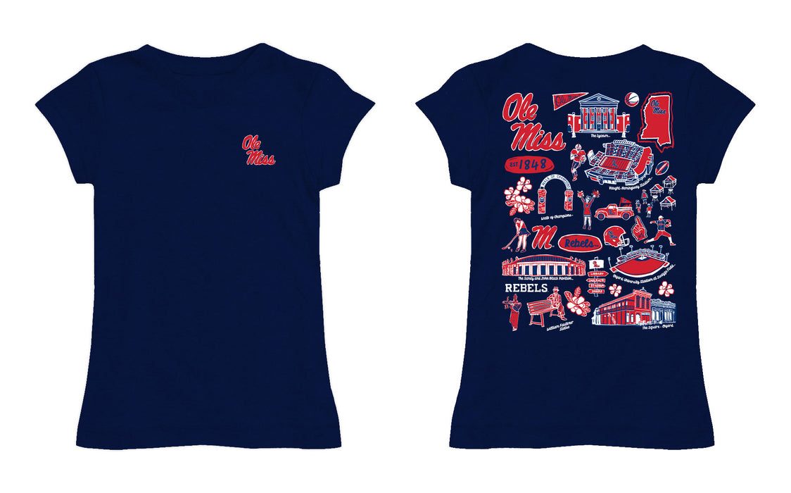 Ole Miss Rebels Hand Sketched Vive La Fete Impressions Artwork Navy Girls Cotton Short Sleeve Tee - Vive La Fête - Online Apparel Store