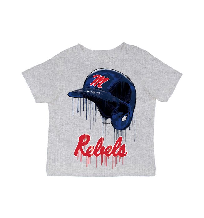 Ole Miss Rebels Original Dripping Baseball Helmet Grey Cotton T-Shirt  by Vive La Fete