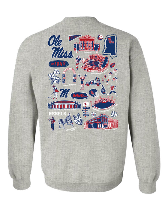Ole Miss Rebels Hand Sketched Vive La Fete Impressions Artwork Red Crew Neck Sweatshirt for Women - Vive La Fête - Online Apparel Store