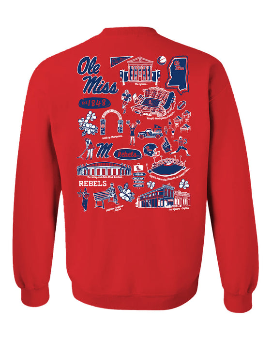 Ole Miss Rebels Hand Sketched Vive La Fete Impressions Artwork Red Crew Neck Sweatshirt for Women - Vive La Fête - Online Apparel Store