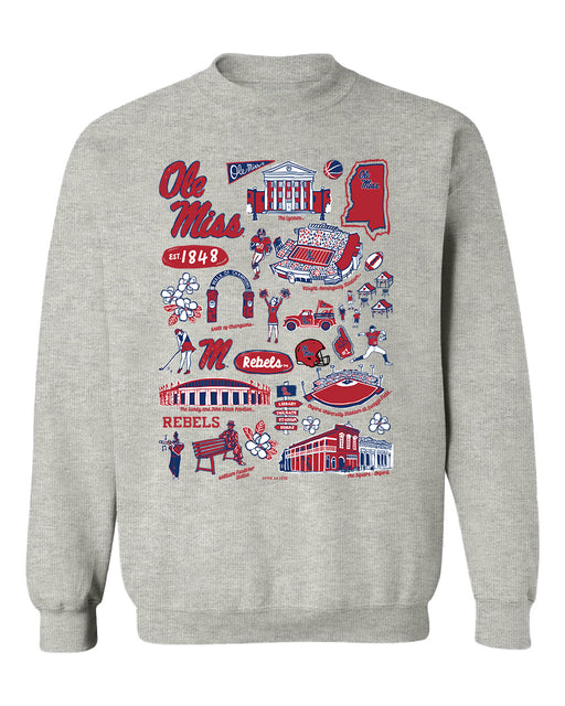 Ole Miss Rebels Hand Sketched Vive La Fete Impressions Grey Cotton Crewneck Sweatshirt for Women