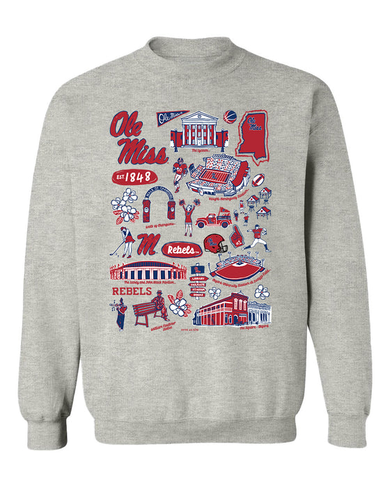 Ole Miss Rebels Hand Sketched Vive La Fete Impressions Grey Cotton Crewneck Sweatshirt for Women