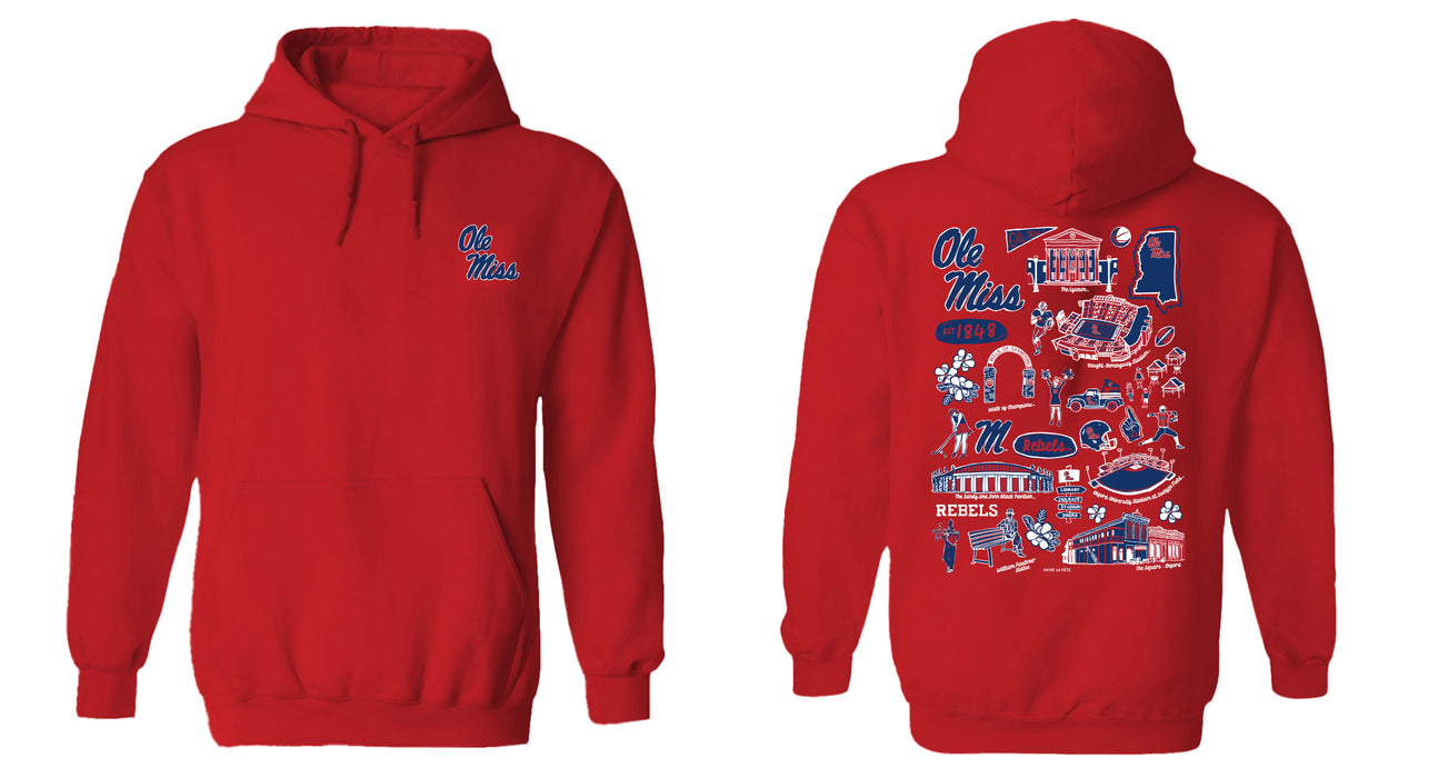 Ole Miss Rebels Hand Sketched Vive La Fete Impressions Artwork Red Cotton Fleece Long Sleeve Hoodie - Vive La Fête - Online Apparel Store