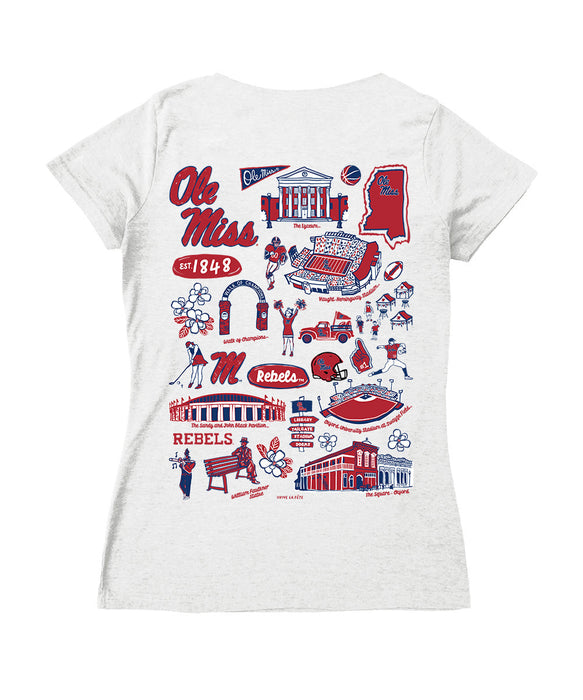 Ole Miss Rebels Hand Sketched Vive La Fete Impressions Artwork Navy Women Cotton Short Sleeve V-Neck Tshirt