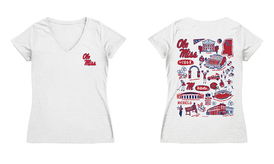Ole Miss Rebels Hand Sketched Vive La Fete Impressions Artwork Navy Women Cotton Short Sleeve V-Neck Tshirt
