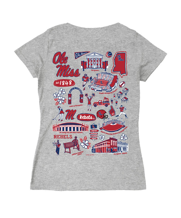 Ole Miss Rebels Hand Sketched Vive La Fete Impressions Artwork Navy Women Cotton Short Sleeve V-Neck Tshirt