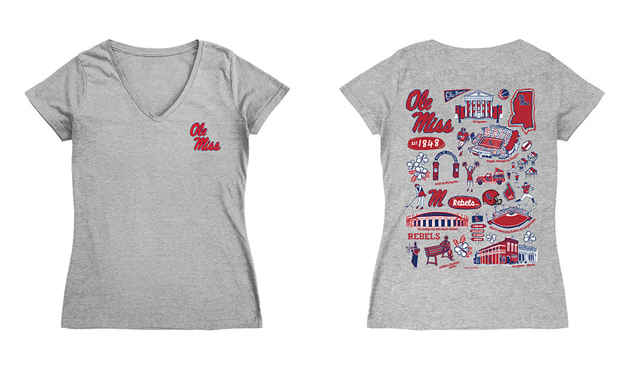 Ole Miss Rebels Hand Sketched Vive La Fete Impressions Artwork Navy Women Cotton Short Sleeve V-Neck Tshirt