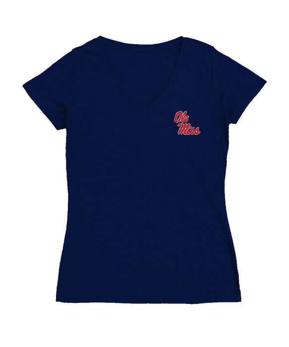 Ole Miss Rebels Hand Sketched Vive La Fete Impressions Artwork Navy Women Cotton Short Sleeve V-Neck Tshirt