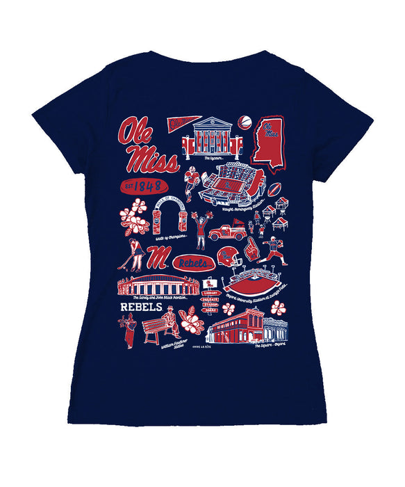 Ole Miss Rebels Hand Sketched Vive La Fete Impressions Artwork Navy Women Cotton Short Sleeve V-Neck Tshirt