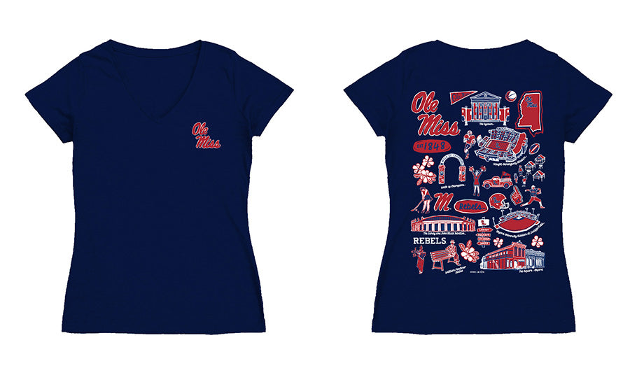 Ole Miss Rebels Hand Sketched Vive La Fete Impressions Artwork Navy Women Cotton Short Sleeve V-Neck Tshirt
